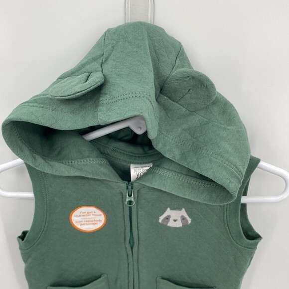 Just one You 12 months Green Quilted Vest Racoon Patch Hooded Full Zip Pockets - Picture 3 of 6
